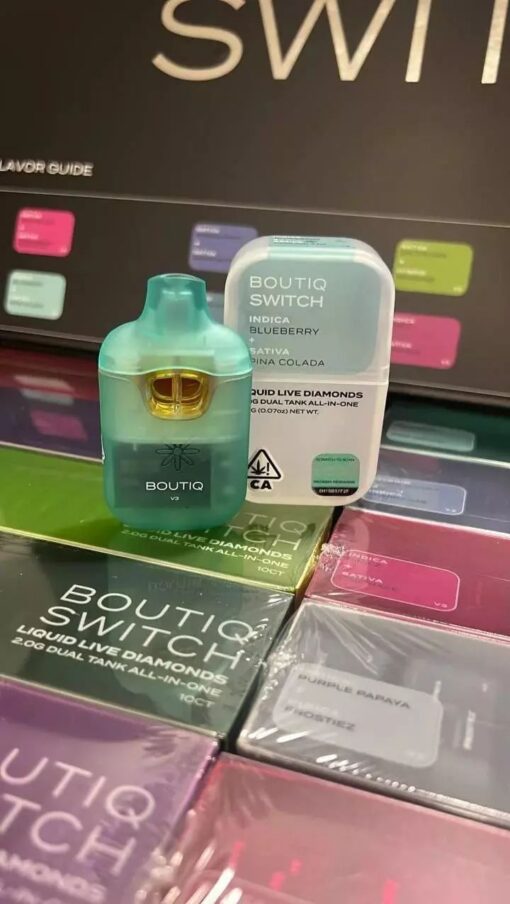 Boutiq Switch V2 Disposable offers 2g of premium cannabis oil with dual-strain switching, featuring flavors like Grape Runtz, Pineapple Express, and Lemon Cherry Gelato
