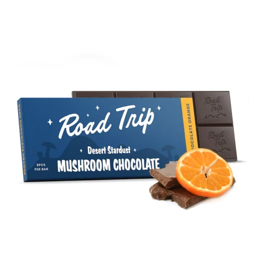 Enjoy the Roadtrip Dark Chocolate Orange mushroom bars – a bold psilocybin edible combining rich dark chocolate and zesty orange for a smooth, uplifting psychedelic experience.