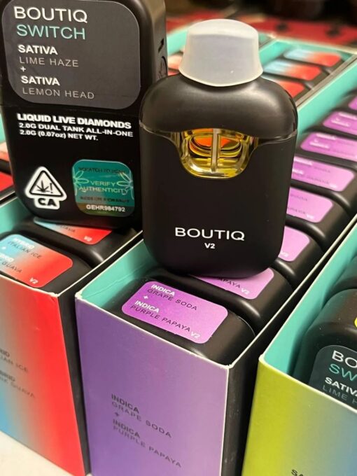Boutiq Switch V2 Disposable offers 2g of premium cannabis oil with dual-strain switching, featuring flavors like Grape Runtz, Pineapple Express, and Lemon Cherry Gelato
