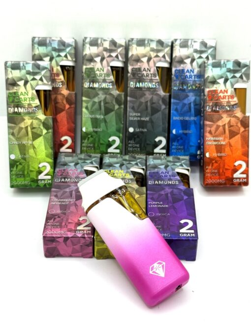 Clean Carts 2g Disposable delivers smooth, flavorful hits with premium cannabis oil in Grape Ape, Watermelon Splash, and Citrus Haze, offering convenience and potency in a sleek pen.
