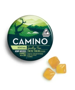 Discover Camino Sparkling Pear 'Social' Gummies with 2mg THC and 6mg CBD. Enjoy light, balanced effects for socializing and daytime ease.