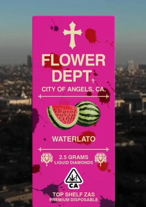 Unwind with Flower Dept Disposable – Waterlato (Indica). A smooth watermelon-gelato blend offering full-body relaxation in a sleek, ready-to-use vape
